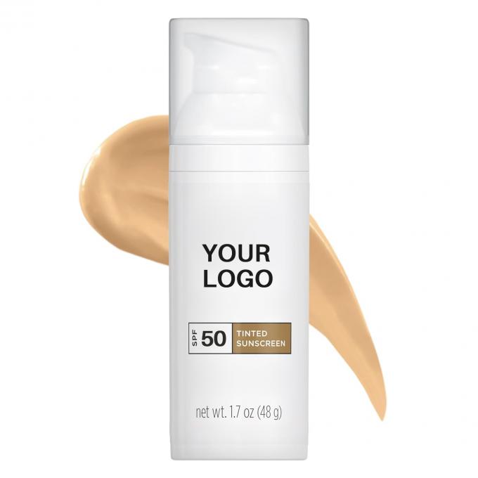 پشتیبانی برچسب خصوصی کرم ضد آفتاب صورت رنگ شده SPF 50 با اکسید روی دی اکسید تیتانیوم 0